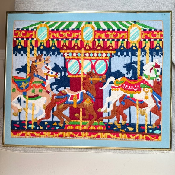 Handmade Other - Vintage 1984 Carousel Needlepoint Framed Wall Art Handmade Horse Decor 22x18